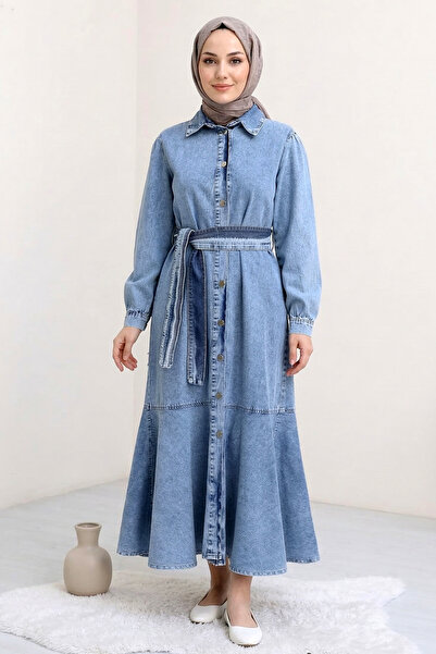 FERHEL Women's Buttoned Ruffle Skirt Denim Dress - Light Blue