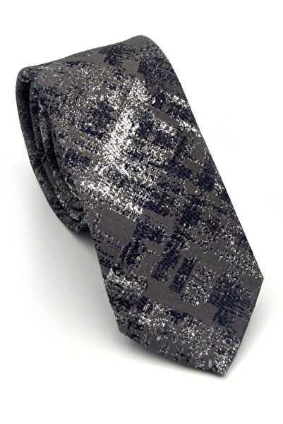 Gaffy Navy Blue Patterned Gray Woven Fabric Handkerchief Slim Fit Tie // Sdk-...