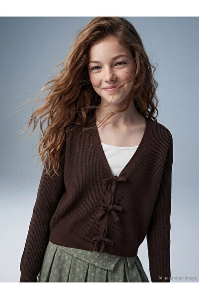 LC Waikiki Gi̇yçık Store Den Brown V-Neck F Bow Detail Girl's Knitwear Cardigan