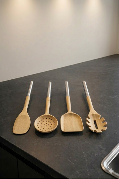 MİS KİTCHEN طقم أدوات مطبخ مكون من بامبو قطع معدنية بمقبض قطعة من الملاعق الخ...