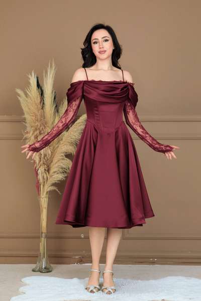 BEYBOS Σατέν Φόρεμα Μίντι με Δαντέλα στο Γιακά και Λεπτομέρειες - ΒΟΡΝΤΟ