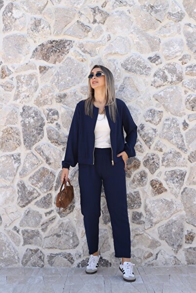 bytugcekaya Set de pantaloni și jachetă cu fermoar, albastru marin deschis