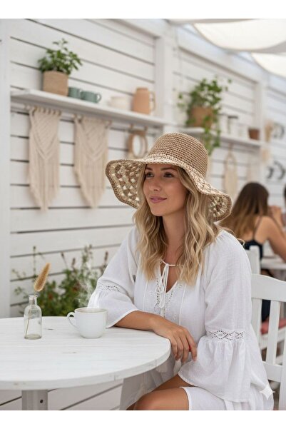 Trend Şapka 19041 Καμηλόχρωμο χειροποίητο ψάθινο καπέλο