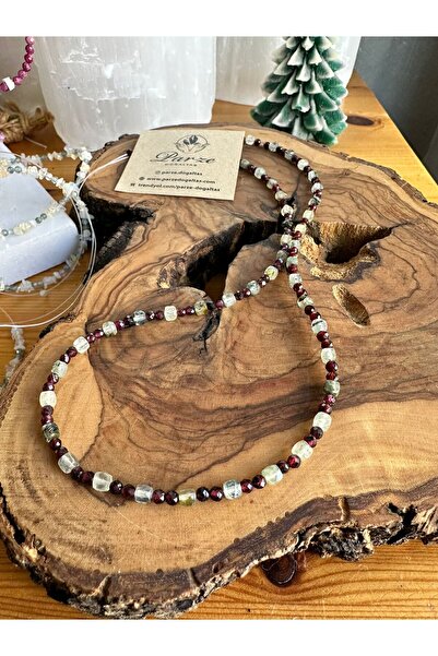 parze doğaltaş Lal (Red Garnet) and Phrenite Natural Stone Design Chain Necklace