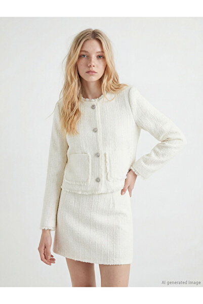 LC Waikiki Özmarka Jachetă din tweed pentru femei, cu guler tip bicicletă, se...