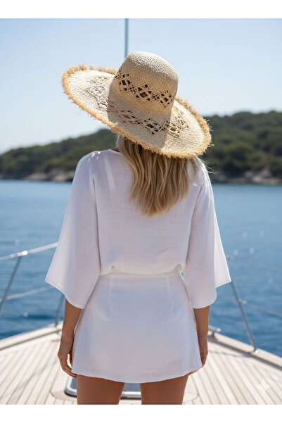 Trend Şapka 19035 Μπεζ ψάθινο καπέλο με κρόσσια