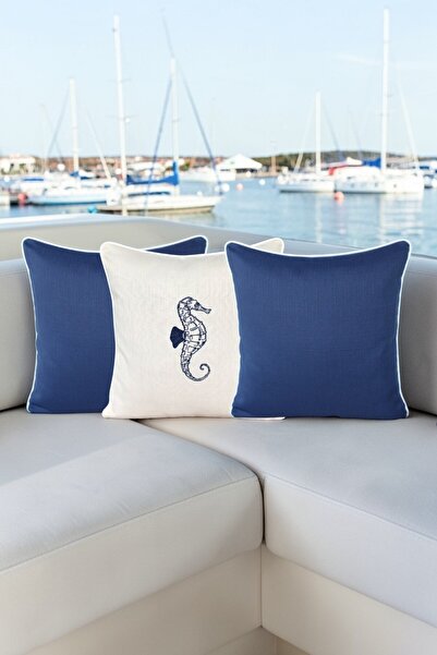 VISIONARIO Cushion Cover 45X45 3-Piece Marine Set Embroidered + Plain Water-R...