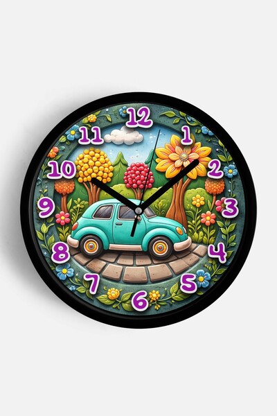 JHAAR Turquoise Car and Forest Themed Children's Room Wall Clock - 30cm - Bla...