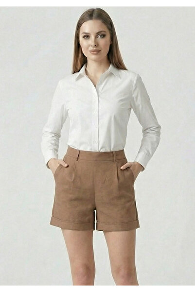 Little Visqon Kadın Kahverengi Keten Karışımlı Yüksek Bel Duble Paça Şort