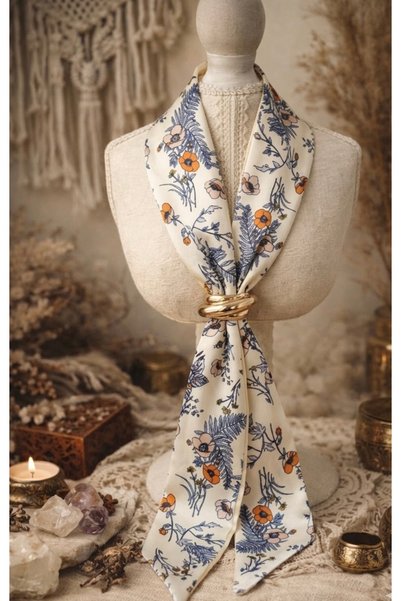 Markiz Takı Floral Pattern Gold Buckle Thin Scarf
