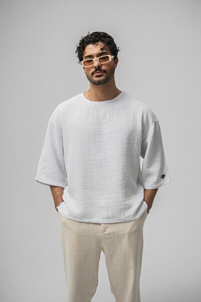 OUTFİT MAN Müslin Fakir Kol Oversize Tshirt Beyaz