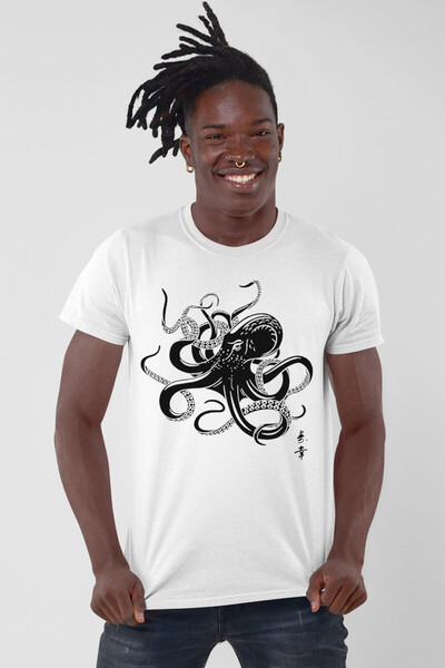 ROCKANDROLL Ιαπωνικό ανδρικό μπλουζάκι με κοντό μανίκι χταπόδι σε λευκό χρώμα