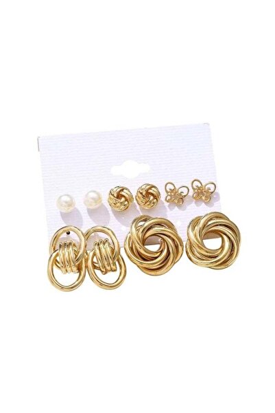 huitich Gold Knot & Pearl Design Earring Set – 5 Pairs
