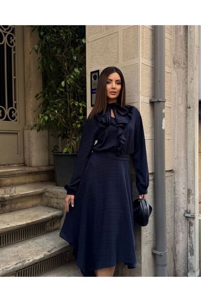 Nesil Asymmetric Skirt with Fur Trim and Tie-Up Detail at the Collar