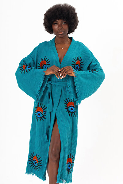 Denizli Kimono 100% Cotton Muslin Kimono, Sun Eye Printed Kaftan, Kimono, Dre...