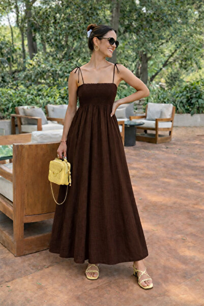 oshebu Kahve -Pamuklu Uzun Yazlık Kadın Elbise - Omuzdan Bağlamalı Askılı Büz...
