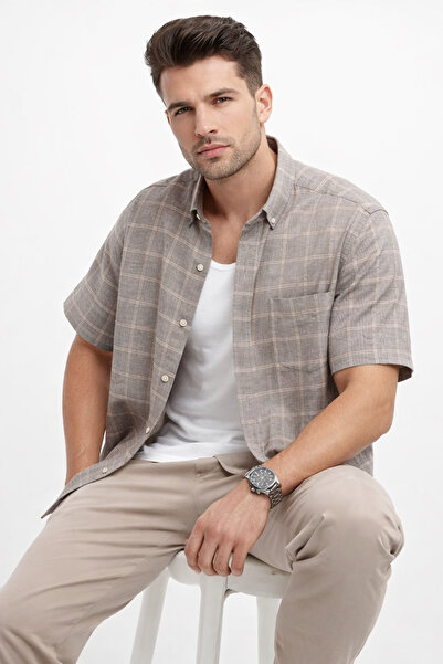 Varetta Men's Short Sleeve Shirt Brown Linen Effect Wide Cut Pocketed Cotton ...