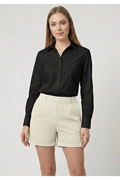 Little Visqon Kadın Bej Keten Karışımlı Yüksek Bel Duble Paça Şort