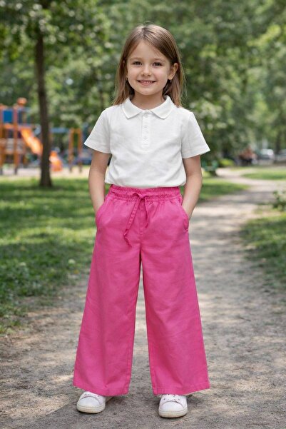 Akbaş kids Kız çocuk pembe keten pantolon