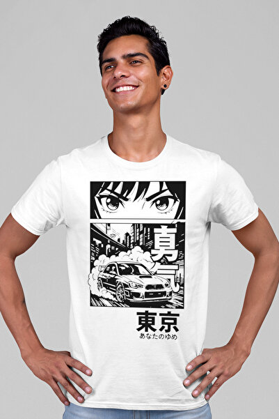 ROCKANDROLL Tricou alb cu mânecă scurtă Drift Anime pentru bărbați