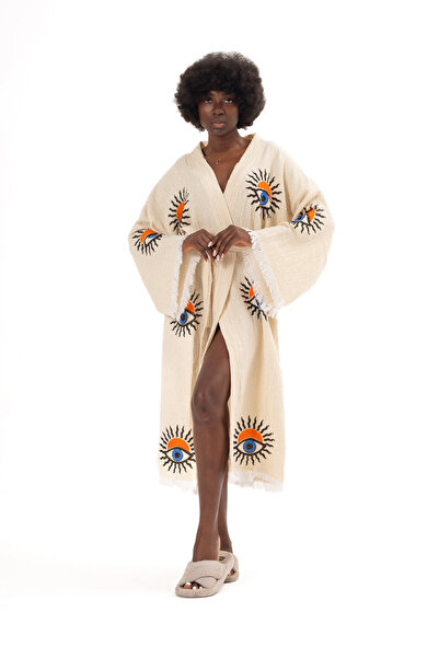 Denizli Kimono 100% Cotton Muslin Kimono, Sun Eye Printed Kaftan, Kimono, Dre...