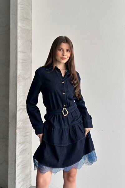 gm giyimarket New Season Skirt Hem Lace Detailed Belt Piece Denim Dress