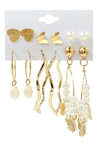 huitich Golden Heart, Butterfly & Pearl Assortment Earring Set (6 Pairs)
