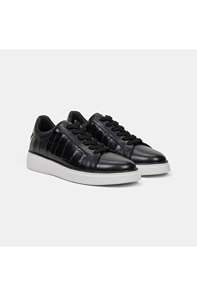 Desa Men's Black Lace-Up Crocodile Printed Leather Sneakers
