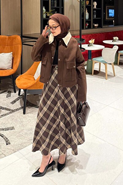 lamelif Collar Detail Snap Fastener Jacket Bitter Brown