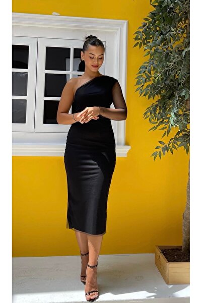 MODA Siyah tül tek omuz elbise