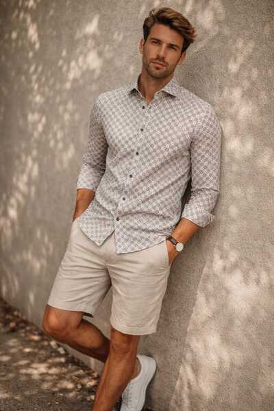 Louis Fabel Geometric Micro-Patterned Long Sleeve Men's Shirt