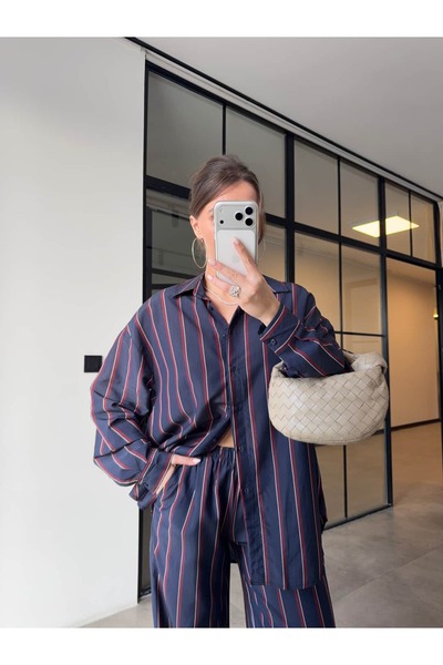 BB Bensu Buyruk Oversize Striped Shirt and Pants Set Navy Blue