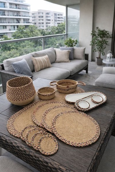 home inn 16-Piece Knitted Model Table Decoration/Tableware Set – Placemat Plates, Tray, Basket and Melamine Presentation Set