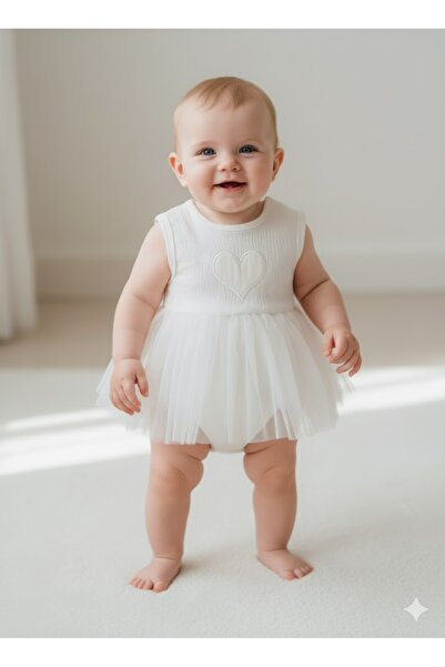 MİNİKİNCİBABY Baby Girl Tulle Skirted Bodysuit Dress with Heart Detail Baby D...