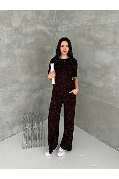 Elaxi Women's Crew Neck Stone Detailed Pocketed Shiny Double Set