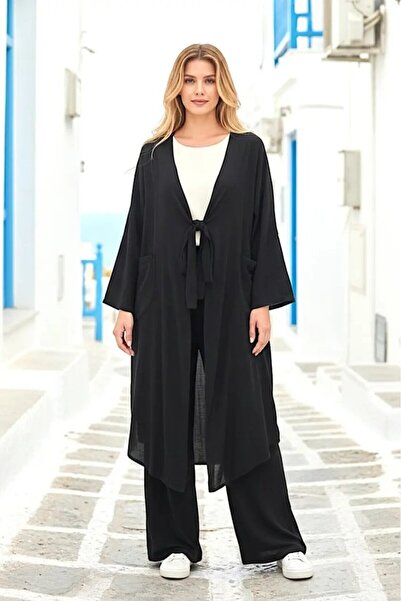 Cool & Sexy Black Tie-Detail Kimono Linen Set