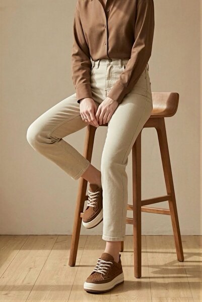 İmajButik Bež Visok struk Mom farmerke s pantalone