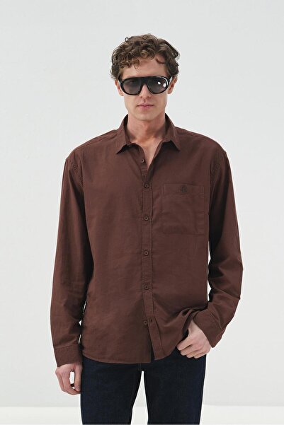 GIESTO Drapey Regular Fit Brown Voile Shirt