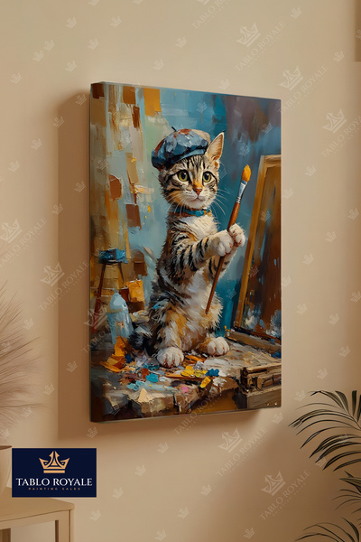 Tablo Royale Yağlı Boya Yapan Ressam Kedi Dikey Kanvas Tablo-Salon Tablo