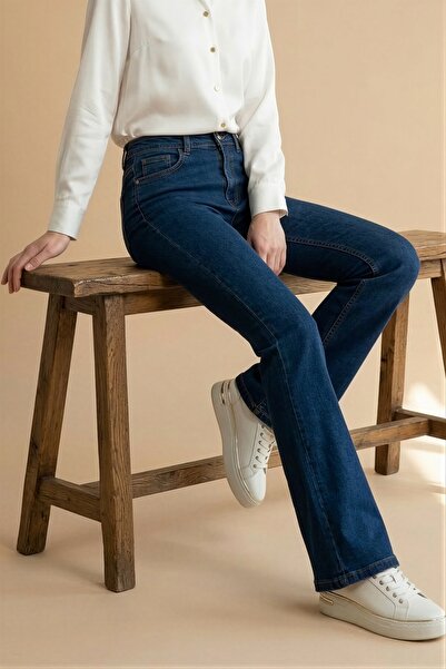 İmajButik Dark Blue High Waist Flared Jeans Trousers