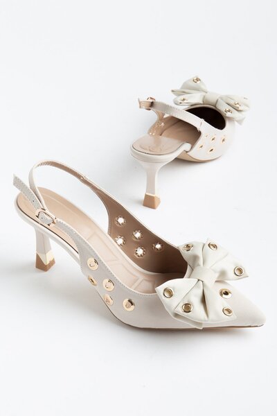 Dilimler Ayakkabı Femei toc stiletto u Stiletto Bej Satin Fiyonklu