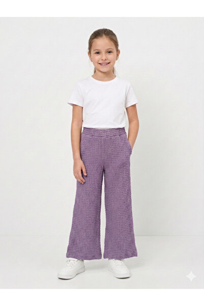 İncili Girl's Lilac Wide Leg Bubble Textured Pocketed Pants - Relaxed Fit Sin...