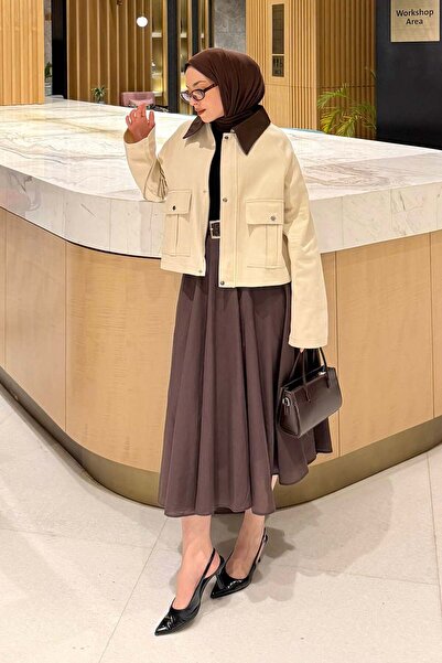 lamelif Collar Detail Snap Fastener Jacket Cream