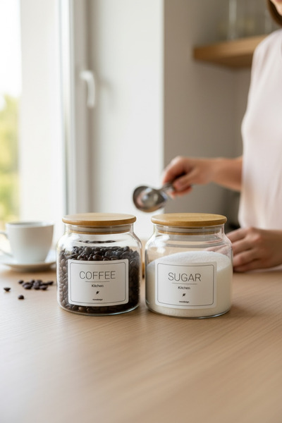 DükkanDa Bamboo Glass Jars with Lids 500 ml – Storage Jars for Coffee, Sugar,...