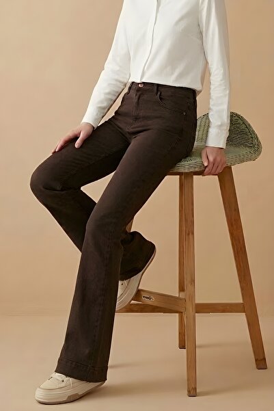 İmajButik Καφέ ψηλόμεσο τζιν παντελόνι καμπάνα