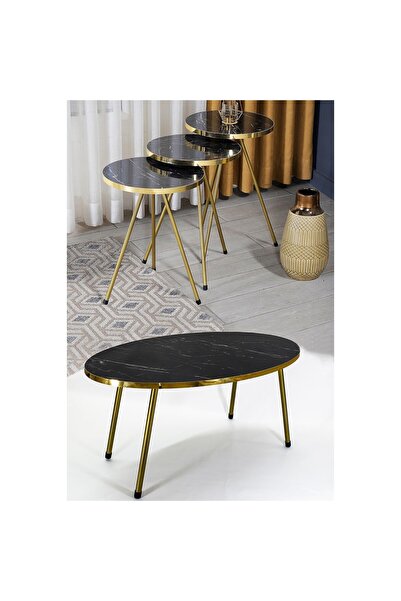 GOLDFALEZ Mobilya Zigon Sehpa ve Orta Sehpa Elips Gold Metal Ayak Gold Bendir...