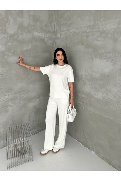 Elaxi Women's Crew Neck Stone Detailed Pocketed Shiny Double Set