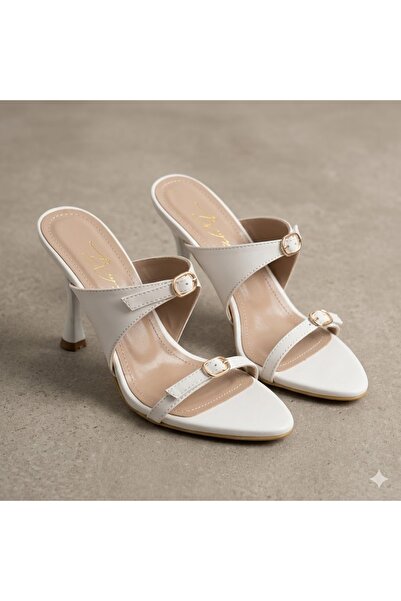 KİNDEP (White) Buckle Detail Thin Band Pointed Toe Goblet Heels Women's t Sli...
