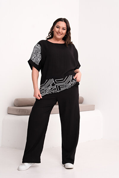 Şans Women's Plus Size Black, Short Sleeve Blouse + Pants Set