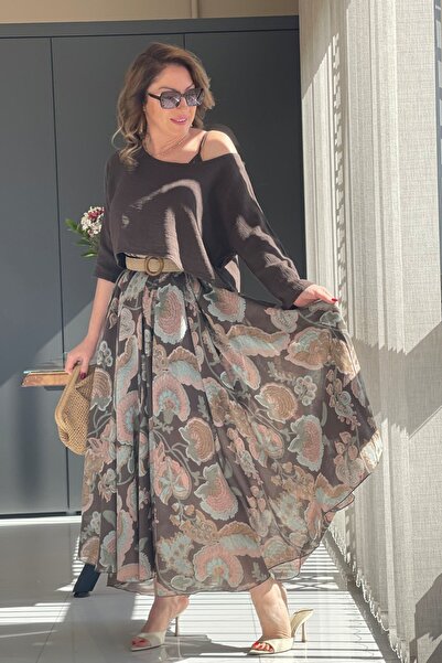 MİSLİNA BUTİK Çiçek Desen İthal Kahve Elbise